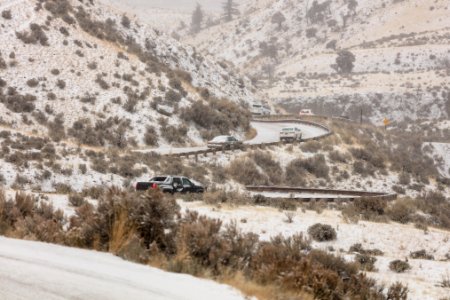 Snowy roads between Gardiner, MT and Mammoth Hot Springs, WY photo