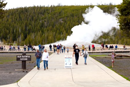 Visitors leaving the Old Faithful boardwalks after an eruption Opening Day