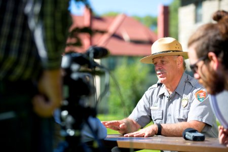 Superintendent Dan Wenk interviewed at Mammoth Hot Springs photo