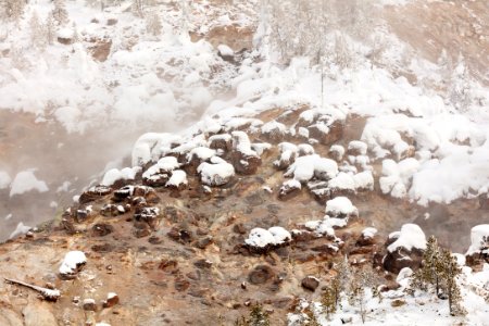 Snow and steam at Roaring Mountain photo
