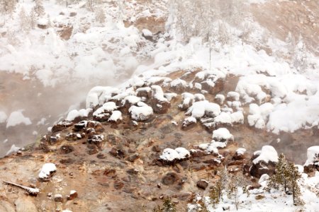 Snow and steam at Roaring Mountain