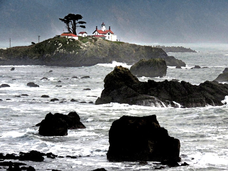 010 - BATTERY POINT LIGHTHOUSE & PEBBLE BEACH DRIVE (1-7-2021) crescent city, del norte co, ca - PHOTOSHOP WATERCOLOR
