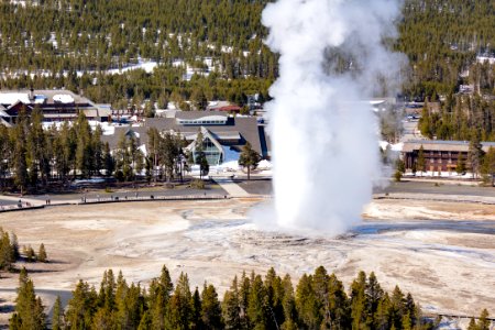 Spring Old Faithful eruption from Observation Point photo