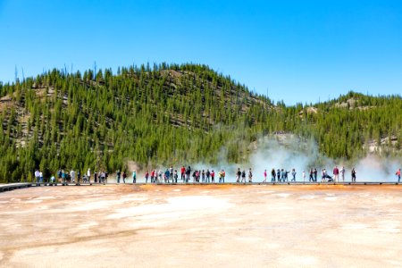 People exploring the Midway Geyser Basin boardwalks near Grand Prismatic photo