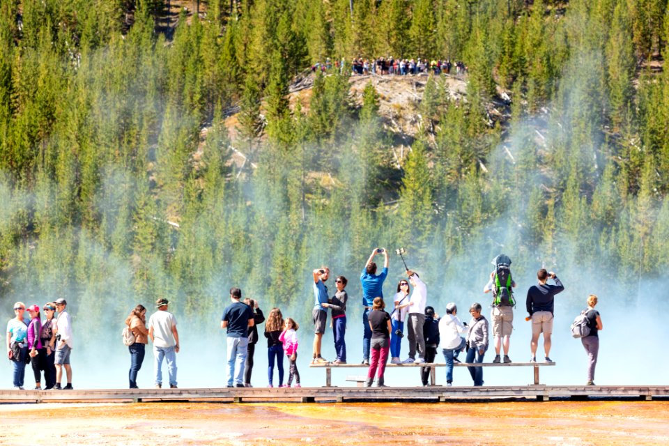 People viewing Grand Prismatic Spring from the boardwalks and overlook