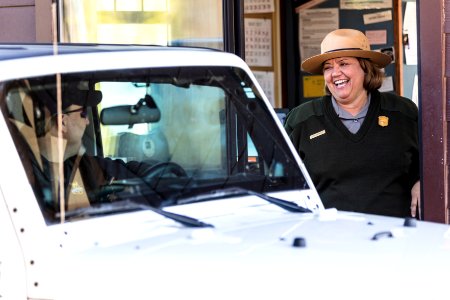 Ranger Lisa working at the entrance station