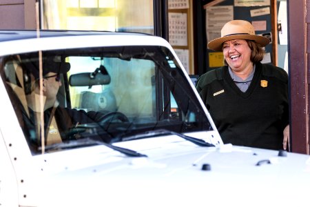 Ranger Lisa working at the entrance station photo