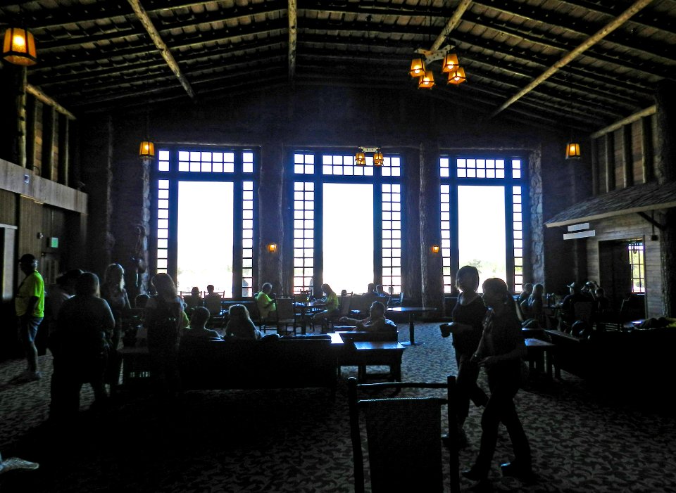 Old Faithful Lodge, view out windows from lobby