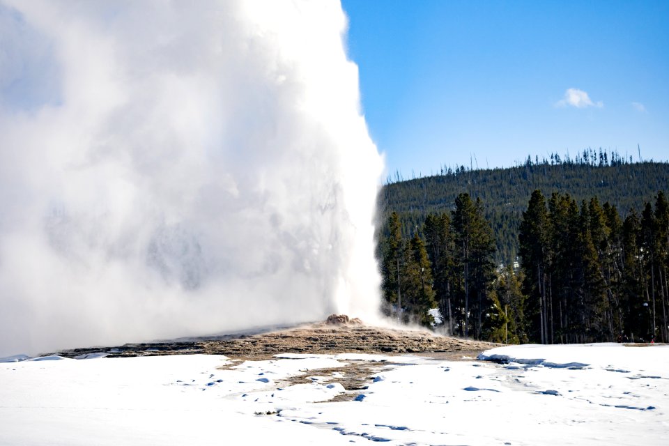 Old Faithful eruption seen from Geyser Hill