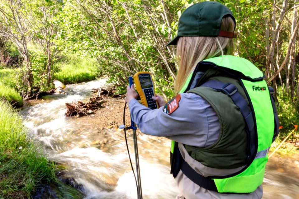 Park hydrologist, Erin White, taking high-precision water velocity measurements in Reese Creek