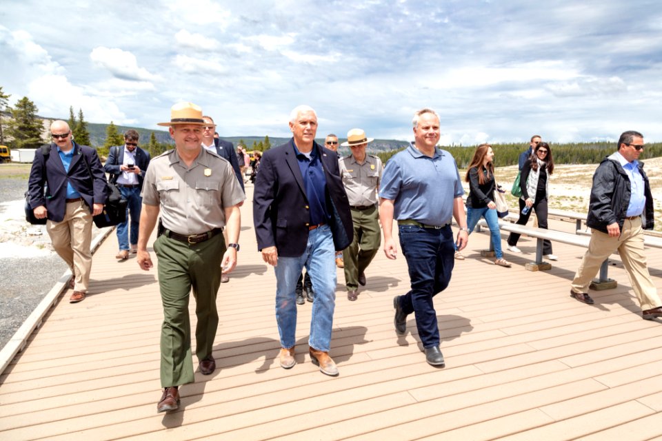 Superintendent Cam Sholly walks with Vice President Mike Pence and Secretary of the Interior David Bernhardt at Old Faithful (2)