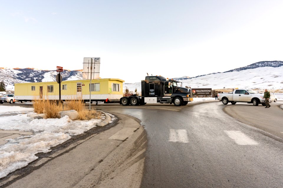Outdated employee housing trailer leaving Yellowstone at the North Entrance