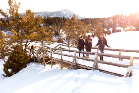 Yellowstone Forever Guide Corrie chats with people on the Mammoth Hot Springs Boardwalks photo