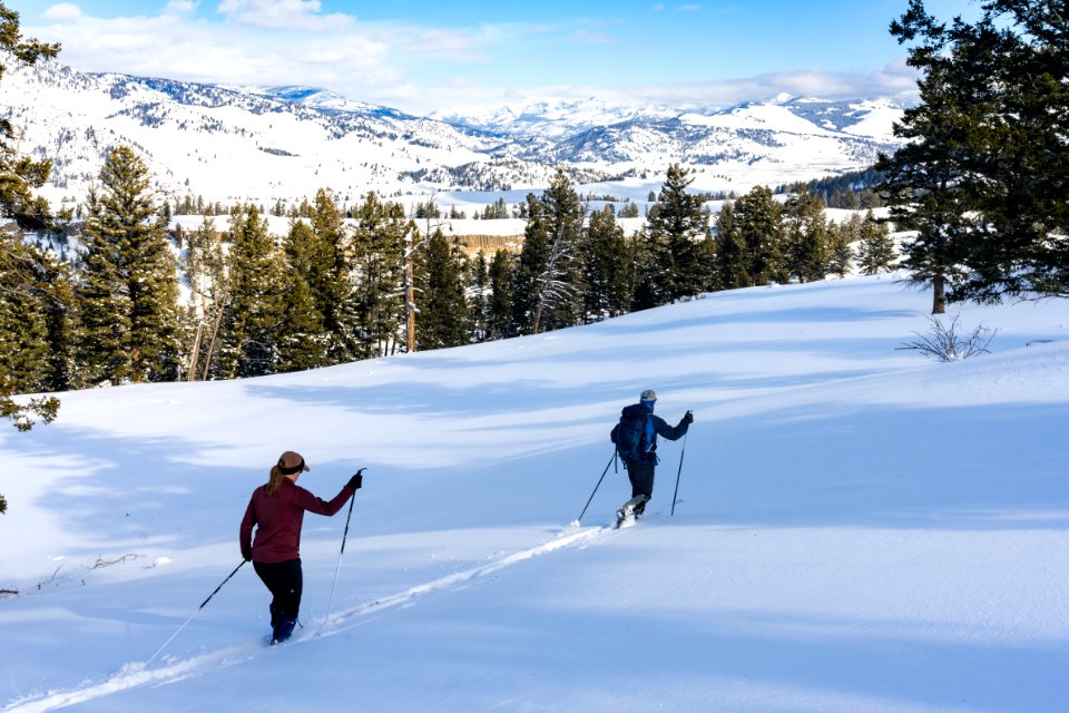 Skiers dropping back towards the Calcite Springs Overlook from the Lost Lake Ski Trail