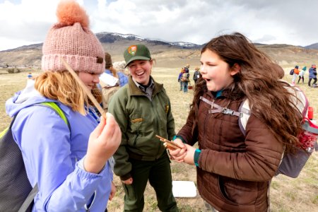 Expedition Yellowstone group playing "Sticks," an Assiniboine game photo