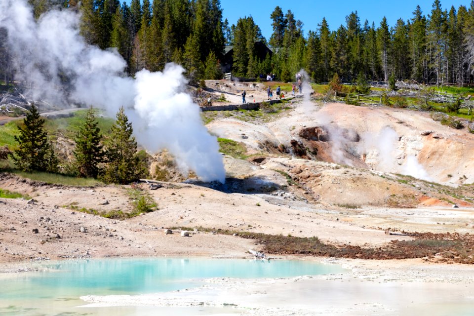 People walk along the trail near Ledge Geyser and Scummy Pool
