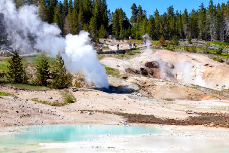 People walk along the trail near Ledge Geyser and Scummy Pool photo