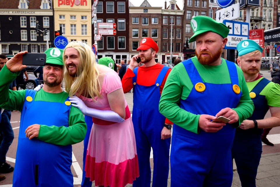 A squad of Luigis and Mario protect the Princess.