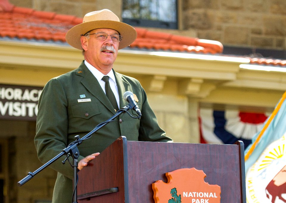 Former Superintendent Dan Wenk speaking at the Albright Visitor Center