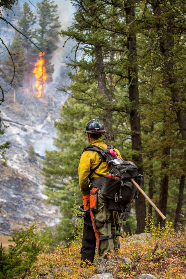 Brett Edelman, Billings Initial Attack Crew,  monitors the Buffalo Fire at Slough Creek