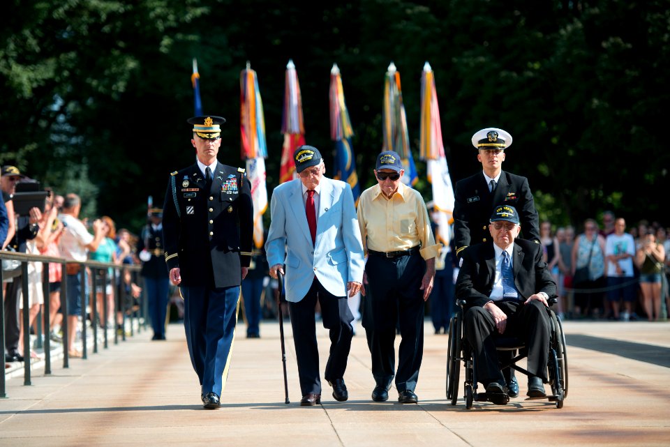USS Arizona Survivors Participate in an Armed Forces Wreath Laying Ceremony at the Tomb of the Unknown Soldier