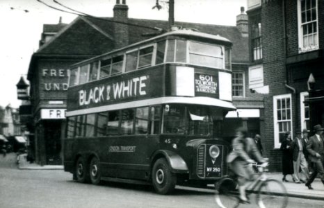 c1940 - London Transport Diddler Trolleybus 45 - MV 250.  Identified as at Twickenham Junction, corner  of Church Street.