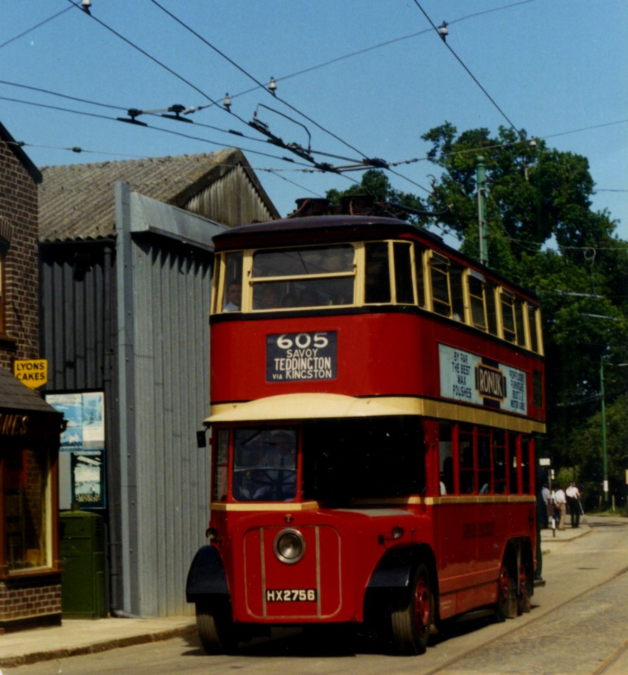 1990 – Preserved London Transport Trolleybus No1 with passengers, outside main trolley depot, East Anglia Transport Museum.
