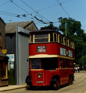 1990 – Preserved London Transport Trolleybus No1 with passengers, outside main trolley depot, East Anglia Transport Museum. photo