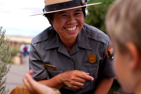 Diane Tom talks with a junior ranger.