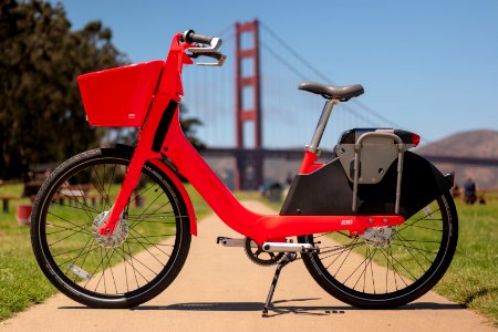 JUMP e-bike share bike with the Golden Gate Bridge in the background photo