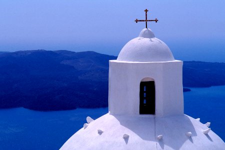 white church and blue sea