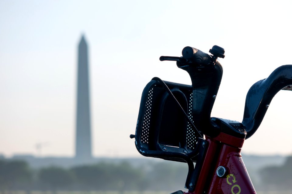 Capital Bikeshare handlebars and washington monument