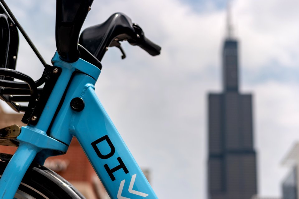 DIVVY bike share with Willis Tower in background