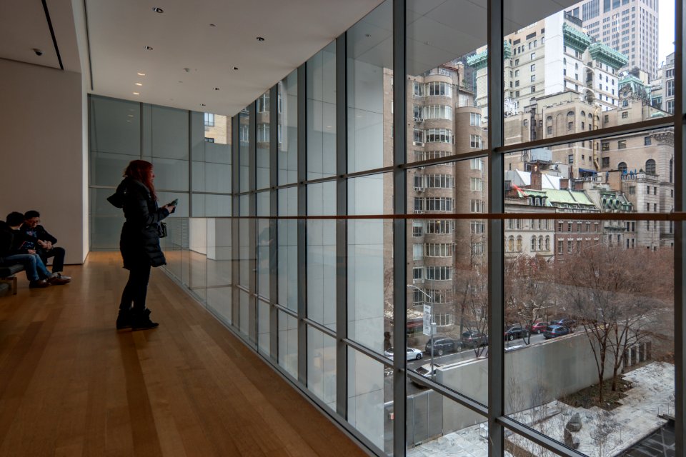 Stranger looking out window on third floor at MOMA