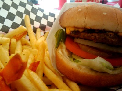 Cheeseburger with fries photo