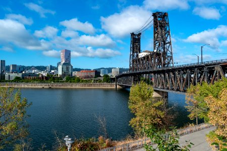 Portland Steel Bridge (vertical lift) from the Eastbank Esplanade photo