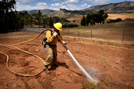 Firefighter David Zamora performing single hoselay/water (Lisa Cox/USFWS)