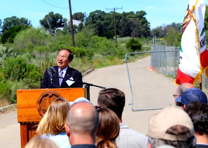 Chancellor Henry T. Yang, University of California, Santa Barbara, addresses the crowd at the North Campus Open Space groundbreaking. photo