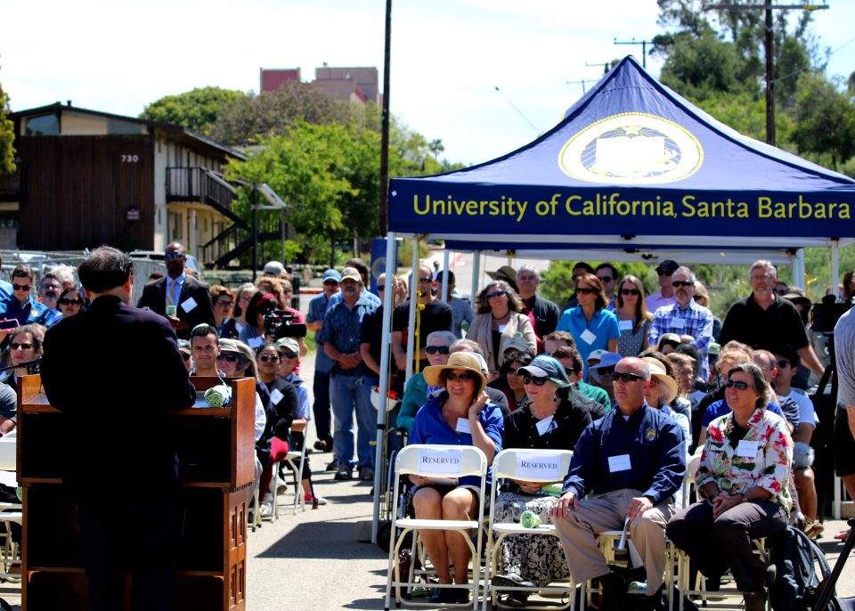 Chancellor Henry T. Yang, University of California, Santa Barbara, addresses the crowd at the North Campus Open Space groundbreaking.