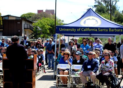 Chancellor Henry T. Yang, University of California, Santa Barbara, addresses the crowd at the North Campus Open Space groundbreaking. photo