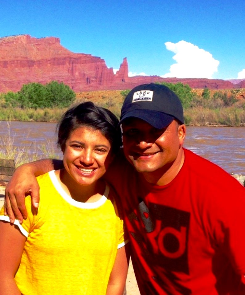 Latinos In Action (LIA) chairman Jose Enriquez and his daughter at Moab's Camp LIA. Fisher Towers, UT. Photo by BLM-UT