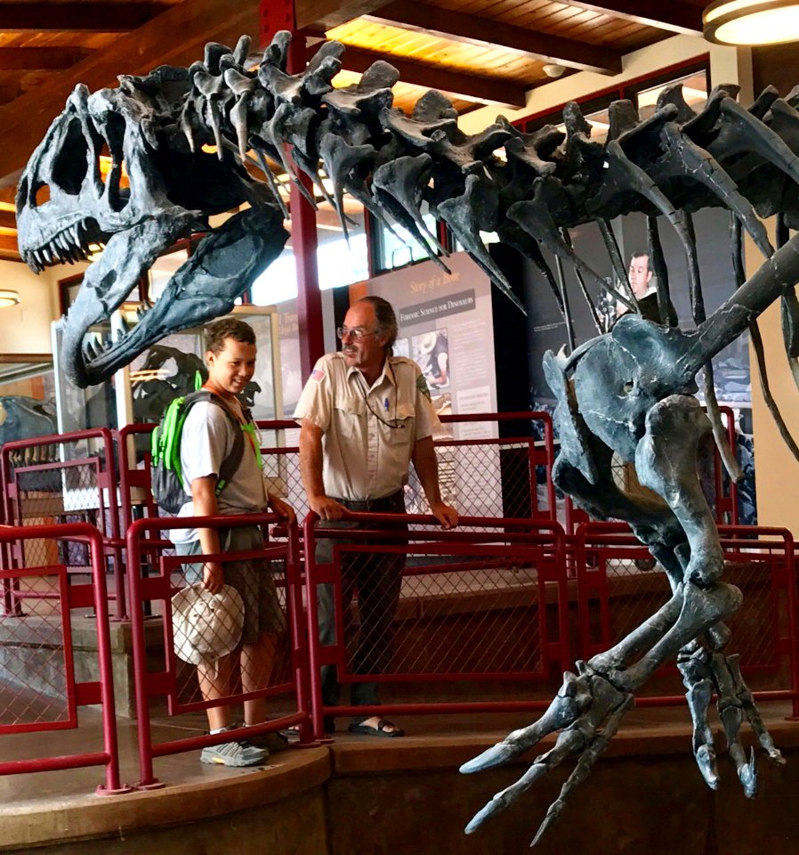 Price FO Geologist Mike Leschin and Camper Leo at Cleveland-Lloyd Dinosaur Quarry