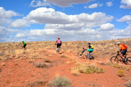 Four riders climb a hillside at the Bar M Trails