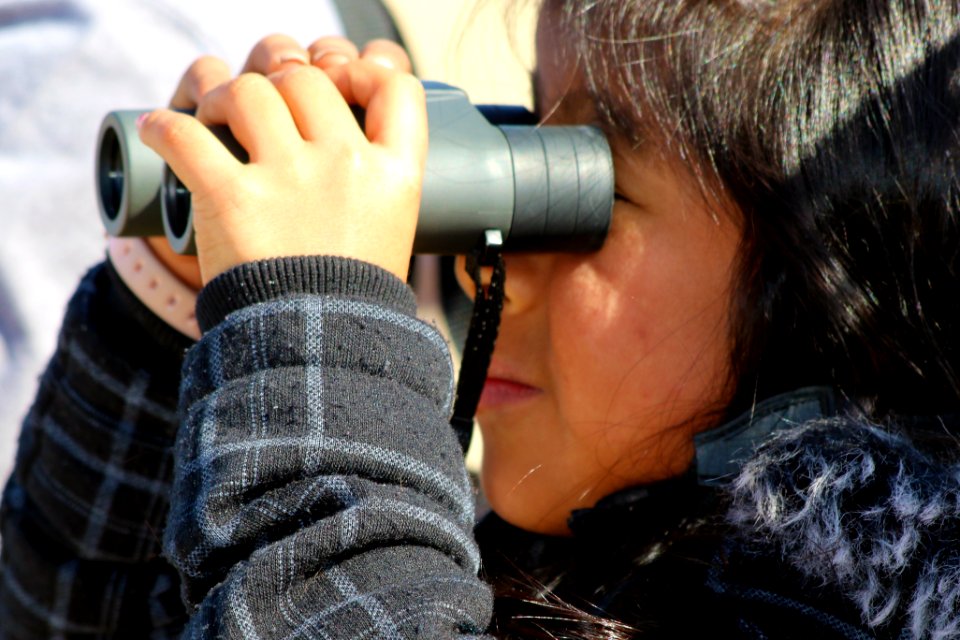 A young girl uses binoculars for the first time to watch the seagulls at Monterey State Beach.