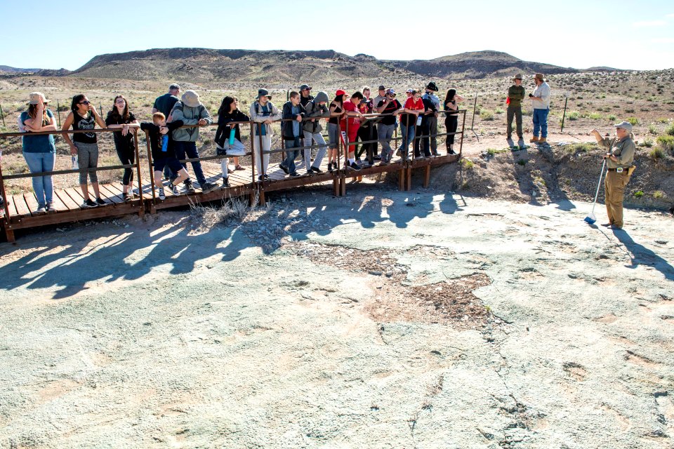 BLM Paleontologist Brent Breithaupt led a tour of Mill Canyon Track Site near Moab, UT. Photo by Eric Delphenich