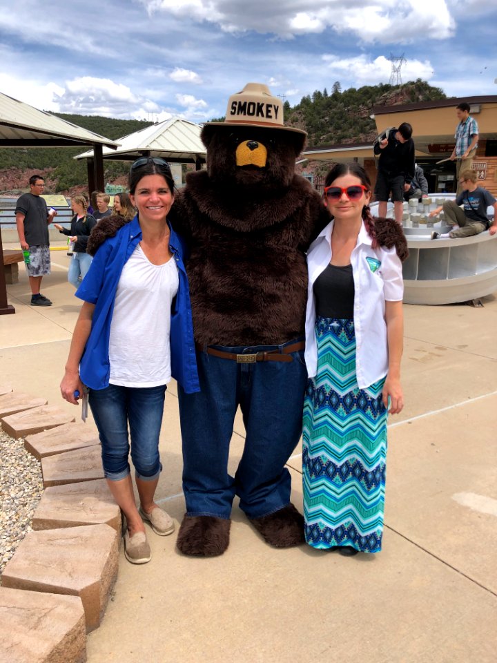 Smokey Bear made an appearance at the end of the day, shown here with Amee Andreason (USBR) and Markel Baker (BLM Utah SO). Flaming Gorge Dam, UT. Photo by BLM Utah