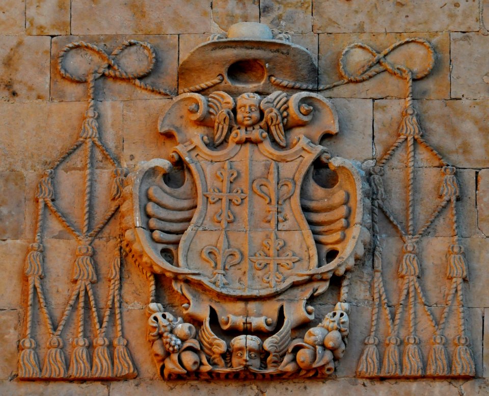 Salamanca. San Esteban. Escudo en muro sobre el pórtico de acceso al convento