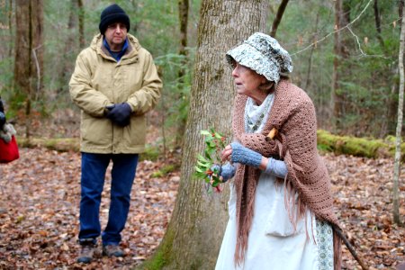 Volunteer Frances Hensley on the Christmas Memories Walk at the 2018 Festival of Christmas Past, December 8, 2018--Warren Bielenberg