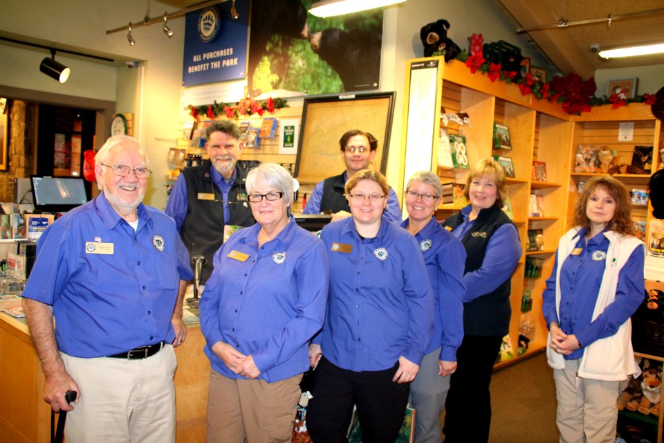 Great Smoky Mountains Association Staff pose in the bookstore during the 2018 Festival of Christmas Past, December 8, 2018--Warren Bielenberg