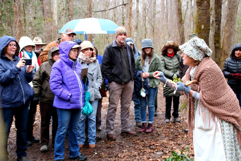Volunteer Frances Hensley on the Christmas Memories Walk at the 2018 Festival of Christmas Past, December 8, 2018--Warren Bielenberg